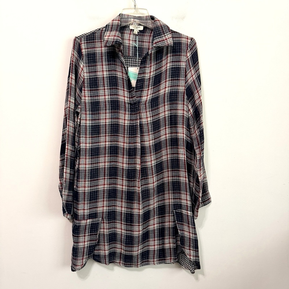 Umgee Tunic Top S Mini Dress? Plaid Popover Thin Long‎ Sleeve Boho V Neck NEW